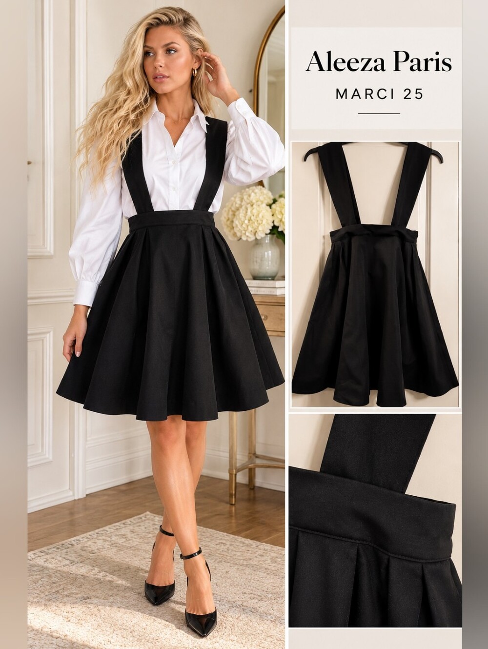 Aleeza Paris Marci 25 Black Pinafore Suspender A-Line Skirt XS NWT